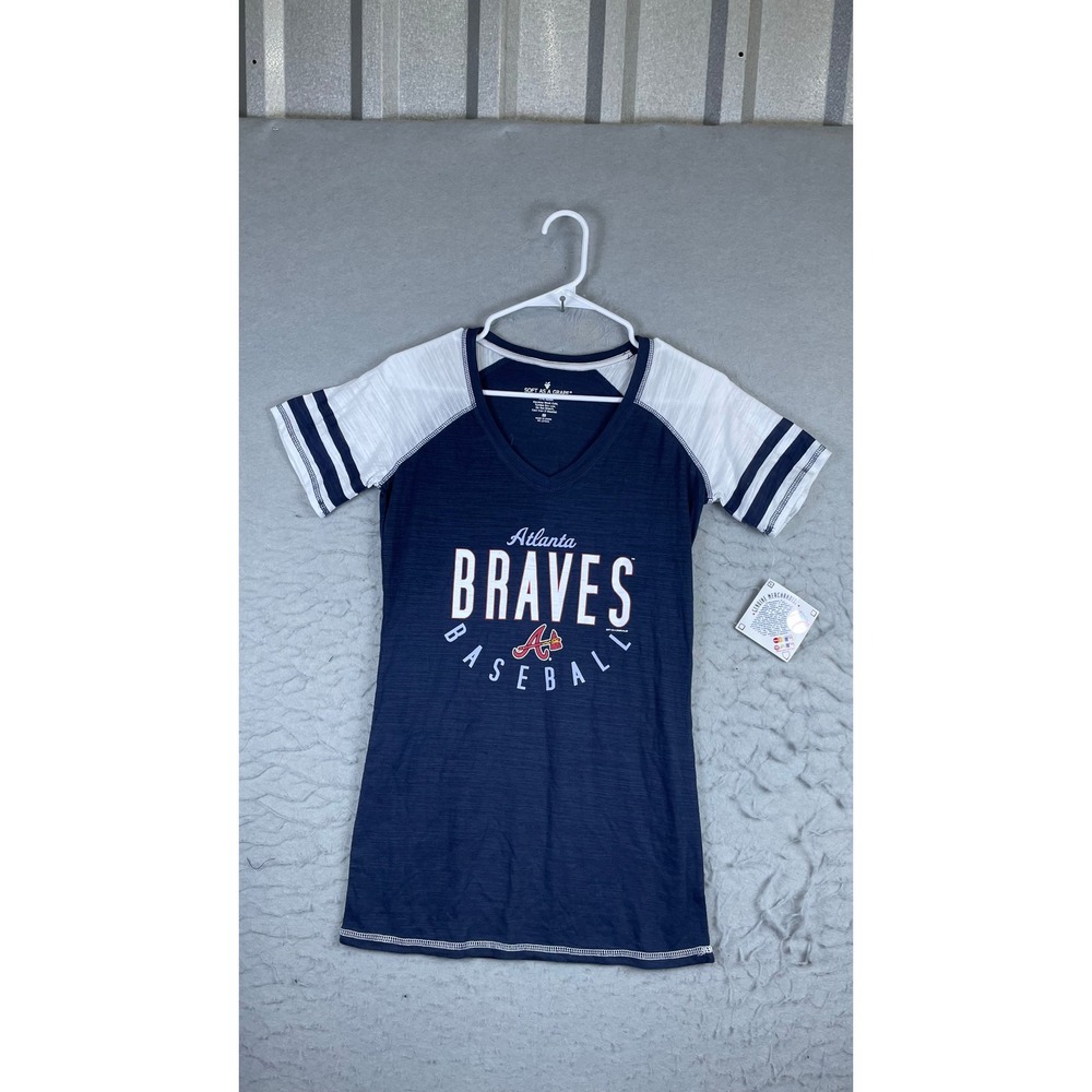 Soft as a Grape Atlanta Braves T-Shirt Womens Small Navy Blue NWT MLB Raglan